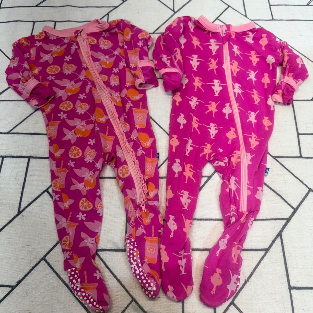 KicKee Pants Footie Pajamas 0-3 Months Pink Ballerina Citrus Lot of 2 Rompers
